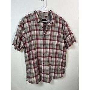 PrAna Men's Short Sleeve Button Up Shirt XL Red Brown Plaid Hiking Gorpcore